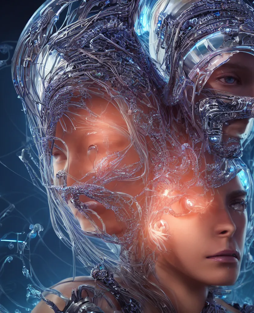 Image similar to epic futuristic ancient close-up macro portrait of the face of a beautiful princess, epic angle and pose, symmetrical artwork, 3d with depth of field, blurred background, cybernetic jellyfish crystal, obsidian, female face skull phoenix bird, translucent, nautilus, energy flows of water and fire. a highly detailed epic cinematic concept art CG render. made in Maya, Blender and Photoshop, octane render, excellent composition, cinematic dystopian brutalist atmosphere, dynamic dramatic cinematic lighting, aesthetic, very inspirational, arthouse. y Greg Rutkowski, Ilya Kuvshinov, WLOP, Stanley Artgerm Lau, Ruan Jia and Fenghua Zhong