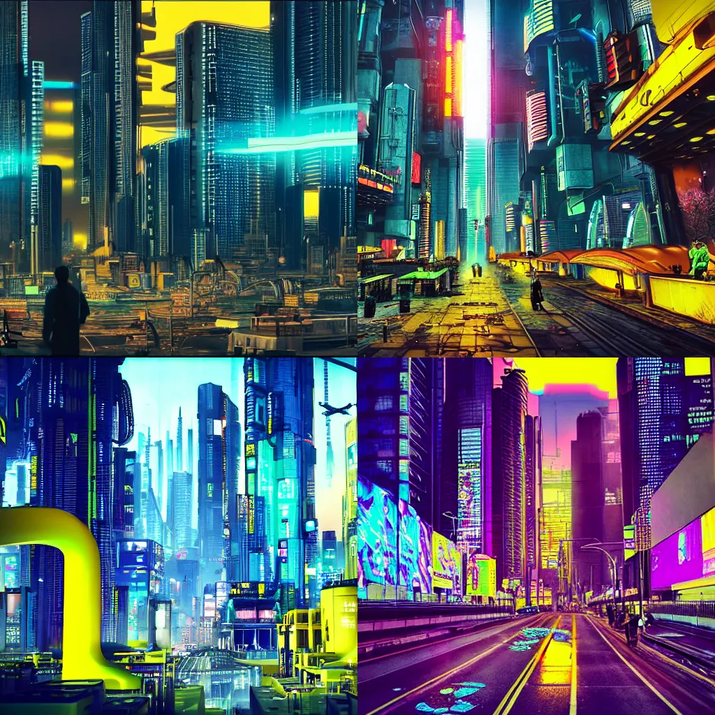 Prompt: A beautiful cyberpunk city with a bright yellow radioactive haze taking over