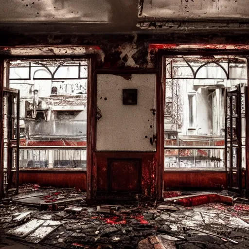 Image similar to a detailed image of an empty restaurant, decaying splendour influence, cinematographic style, blood on the floor, mystic feel, 4k