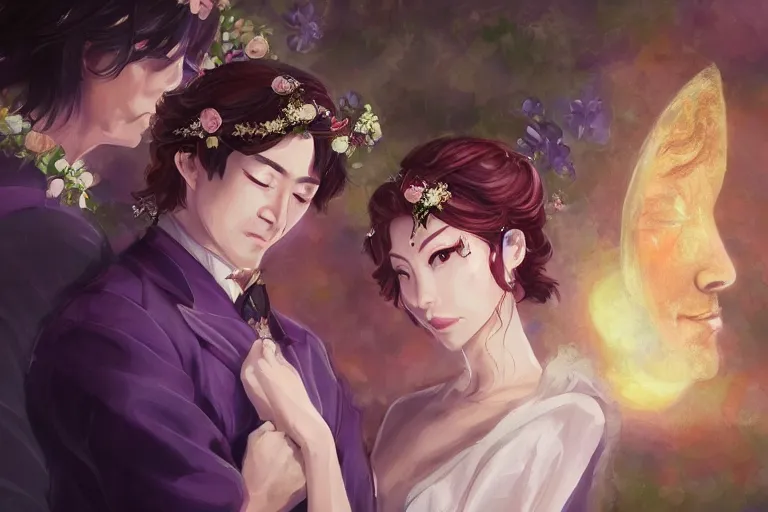 Image similar to a cinematic portrait of wedding photograph jpeg close up moment of a divine a japan sun god and moon goddess lovers magician at a wedding banquet. portraiture. digital painting. artstation. concept art. wedding photo. digital painting. violet evergarden art masterpiece by art by krenz cushart