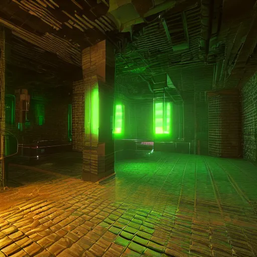 Image similar to secret underground lab, unreal engine, octane, 4 k, videogame style, retro tech, some green glowing artifacts