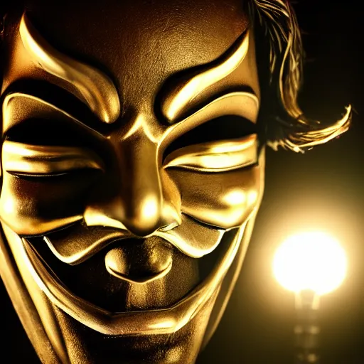 Prompt: guy fawkes mask, professional cosplay, cinematic, key light, 4 k, 8 k, photorealistic, ultra realistic, hyperrealistic