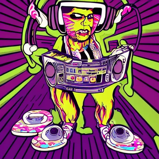 Image similar to svg sticker of a Pop-Wonder Alien-Bog-Monster-Swamp-Rat-Thunder-Coot-Racing-Fan at a rave, spinning records, giant headphones rocking out, wearing headphones, huge speakers, dancing, rave, DJ, spinning records, digital art, amazing composition, rule-of-thirds, award-winning, trending on artstation, featured on deviantart