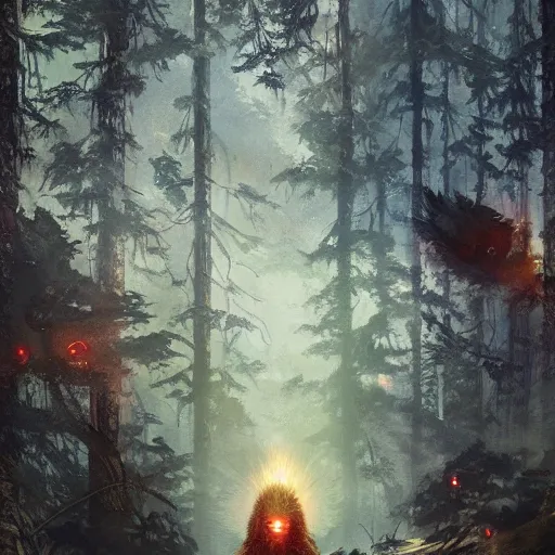 Image similar to dark scene of a bear warrior, surrounded by glowing eyes in the forest, realistic shaded lighting poster by ilya kuvshinov katsuhiro otomo, magali villeneuve, artgerm, jeremy lipkin and michael garmash and rob rey