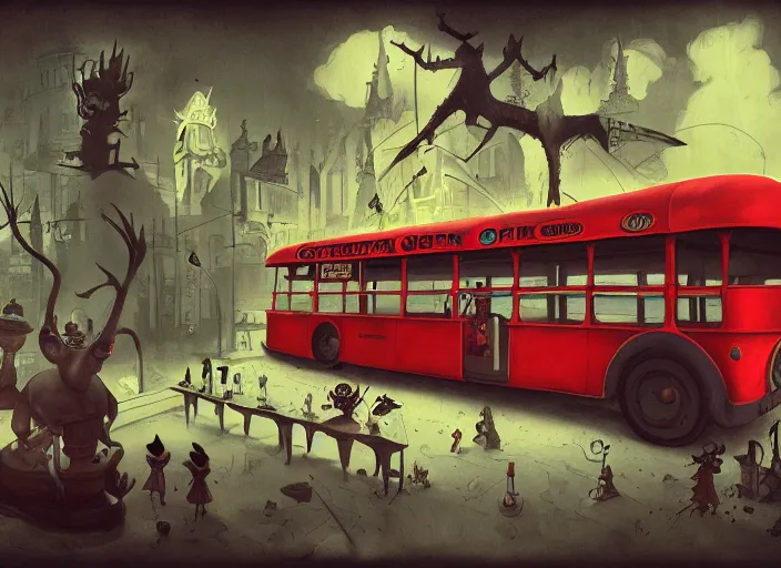 Prompt: matte sharp painting, a steampunk double decker bus, juxtapoz, artforum, gary baseman, preston blair, tex avery, dan mumford, pedro correa