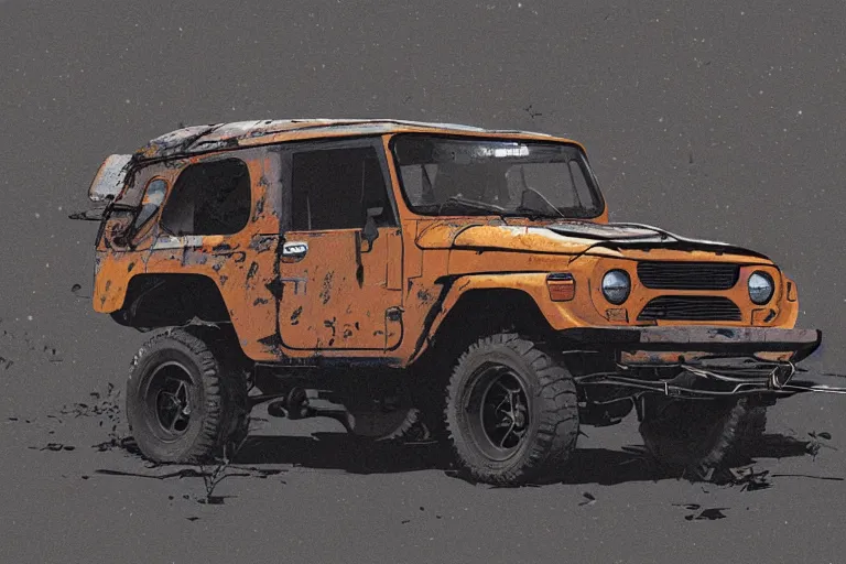 Image similar to digital illustration of mad max's fj 4 0 decrepit pursuit special, rusty nissan fj cruiser 1 9 8 0 s, the last v 8 interceptor by makoto shinkai, ilya kuvshinov, lois van baarle, rossdraws, basquiat