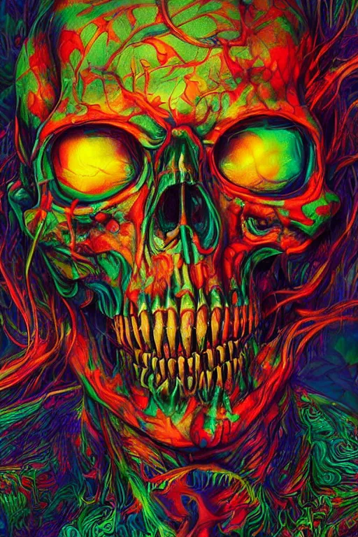 Image similar to 35 mm lens photo of scull lsd colors, direct sunlight, glowing, vivid, detailed painting, Houdini algorhitmic pattern, by Ross Tran, WLOP, artgerm and James Jean, masterpiece, award winning painting