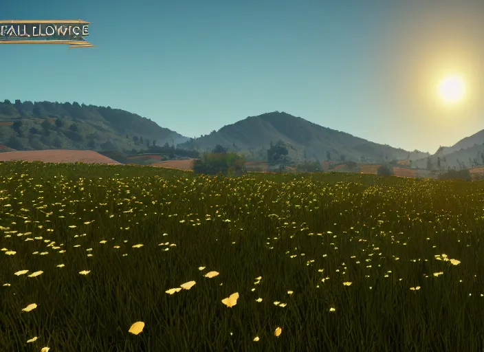 Image similar to fields full of flowers and blue sky with hills in the background. Intricate. Very detailed 8k. Fantasy horror. Sharp. Cinematic post-processing. Unreal engine. Nanite. Ray tracing. Parallax. Tessellation