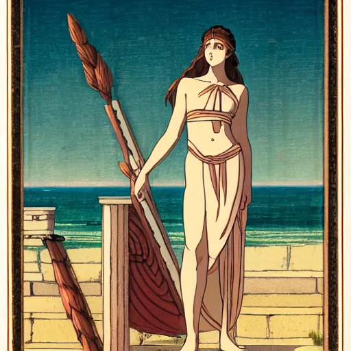 Prompt: A girl with ancient greek clothes on the front of a Balustrade with a beach on the background, major arcana, a colab between studio ghibli and paul delaroche, hyperrealistic