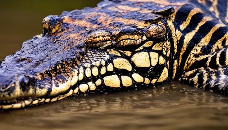 Image similar to an alligator tiger!!! hybrid! hyper realistic!! realistic lighting!! wildlife photographer of the year!!! bold natural colors, national geographic, hd, wide angle, 8 k