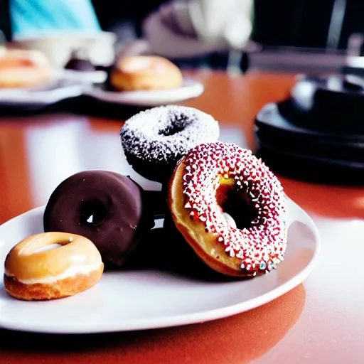 Prompt: a donut, chocolate frosting, on a plate in a busy diner, very low wide angle, in the background the diner, cinestill 800