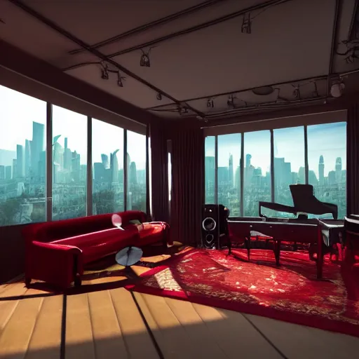 Image similar to A photorealistic virtual music studio, Paris hotel style, red velvet furniture, light rays coming out of the windows, the windows have a view on Paris, raytracing, highly detailed, futuristic, unreal engine 5, photoscanned, photorealistic,