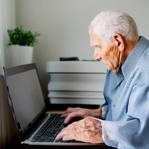 Prompt: elderly man sitting inside a casket browsing internet on laptop from a casket casket