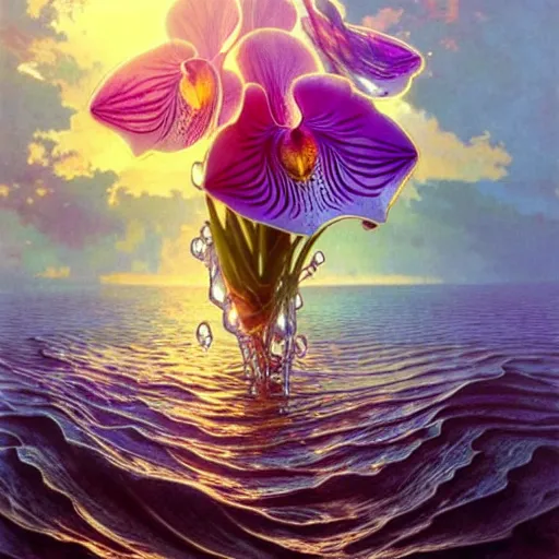 Image similar to detailed giant orchid flower surrounded by ocean wave, lsd water, ripples, transparent droplets, backlit, sunset, refracted lighting, art by collier, albert aublet, krenz cushart, artem demura, alphonse mucha