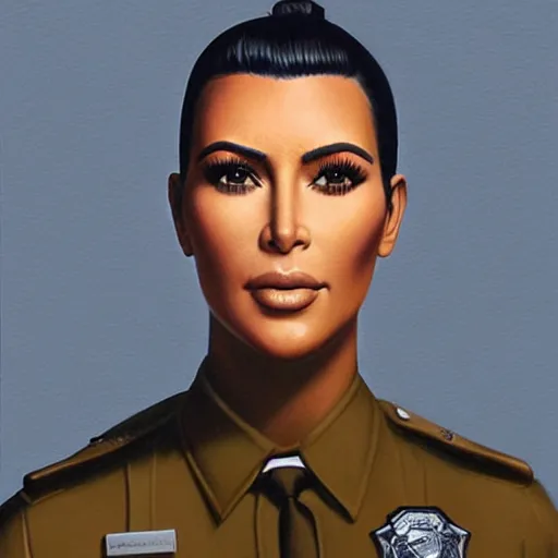 Prompt: kim kardashian as a cop wearing a police uniform, face portrait, scared emotion, haunted forest with a ufo sitting in the fog, pretty, aesthetic, dust molecules, matte detailed photo, DeviantArt, Artstation, by donato giancola, ralph horley, loish, ufo lighting