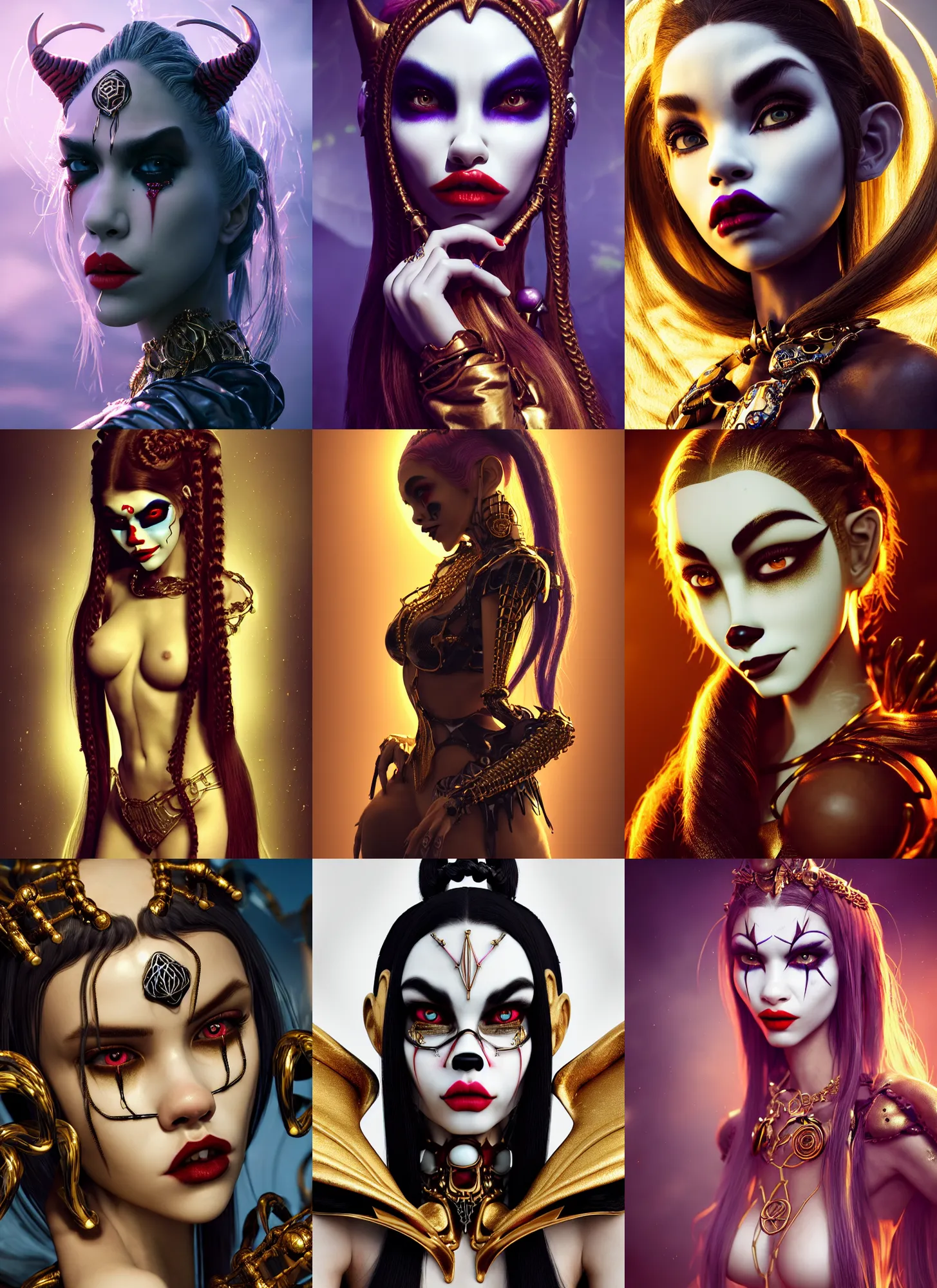 Prompt: madison beer edm white clowncore devil cyborg | braids, jewelry | glamorous oily soft polished rich enticing ornate modern | weta pixar movie still photo | hi - fructose, sci fi fantasy, golden ratio details, smooth, octane render, sharp focus, artstation, concept art | feng zhu, artgerm, mucha, wlop, loish |