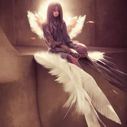 Image similar to a painting of a woman sitting on a ledge with wings, concept art by shingei, cgsociety contest winner, fantasy art, reimagined by industrial light and magic, angelic photograph, made of feathers