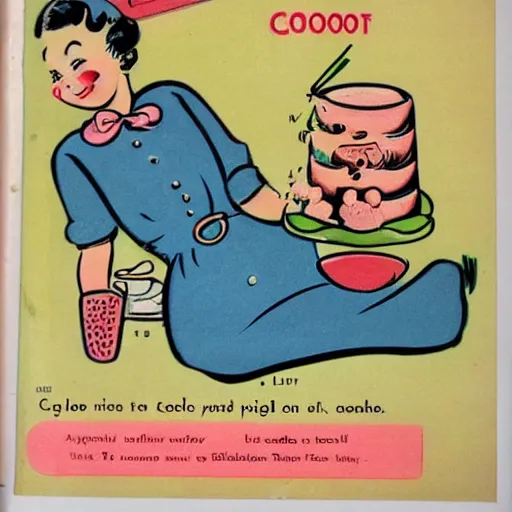 Image similar to 1950's cookbook color illustration baby cake adorable cartoon face sharp detail high detail