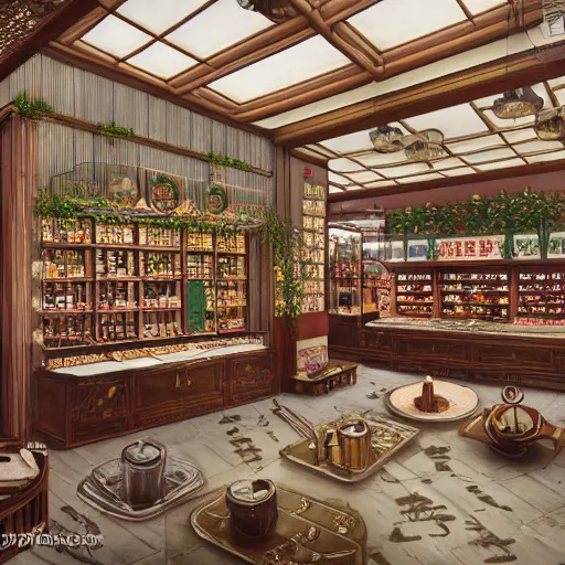 Image similar to a beautiful hyperdetailed interior render of roasted string hotpot elementary small shop, from china, with merchant logo, simply style, fine delicate structure, chinese style, victo ngai, 4 k hd