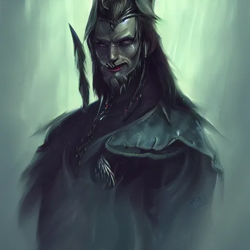 Prompt: Dark Fantasy portrait painting of a handsome elf man, waist high, fantasy clothing, cgsociety, trending on artstation