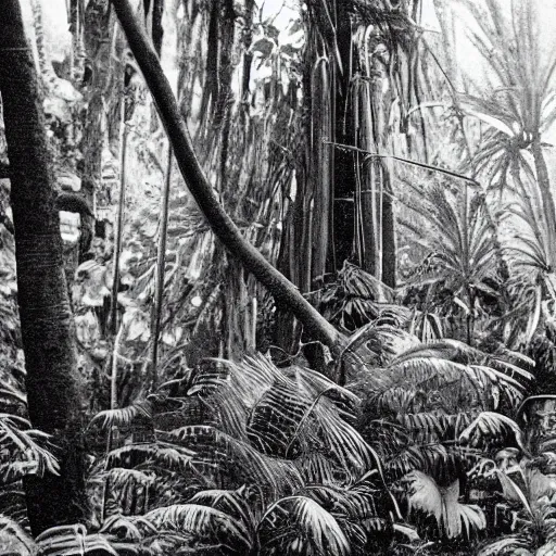 Prompt: lost film footage of a sacred in the middle of the ( ( ( ( ( ( ( ( ( tropical jungle ) ) ) ) ) ) ) ) ) / film still / cinematic / enhanced / 1 9 0 0 s / black and white / grain