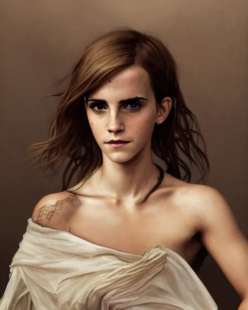 Prompt: clear portrait of emma watson, somber appearance, ripped clothing, looking her shoulder, wearing the ring of sauron, background hyper detailed, character concept, full body, dynamic pose, intricate, elegant, highly detailed, digital painting, artstation, concept art, smooth, sharp focus, illustration, art by artgerm and greg rutkowski and alphonse mucha