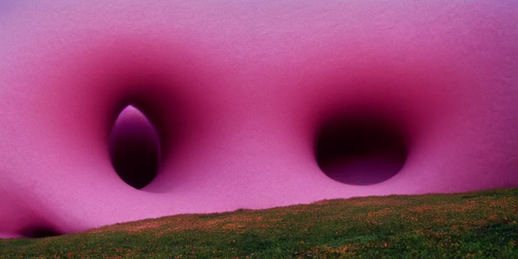 Image similar to a strange huge translucent pvc inflated organic architecture building with pink fluffy fur inside by anish kapoor sits in the rock mountains, film still from the movie directed by denis villeneuve with art direction by zdzisław beksinski, close up, telephoto lens, shallow depth of field