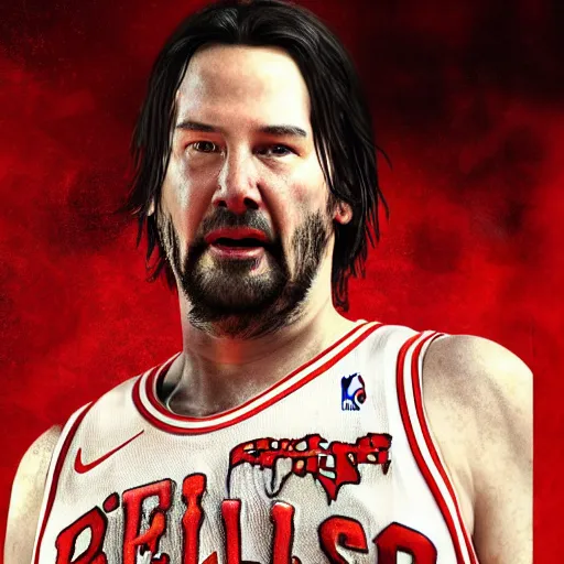 Image similar to hyperrealistic mixed media image of Morbidly Obese Keanu Reeves Chicago Bulls basketball, stunning 3d render inspired art by István Sándorfi and Greg Rutkowski, perfect facial symmetry, realistic, highly detailed attributes and atmosphere, dim volumetric cinematic lighting, 8k octane extremely hyper-detailed render, post-processing, masterpiece,