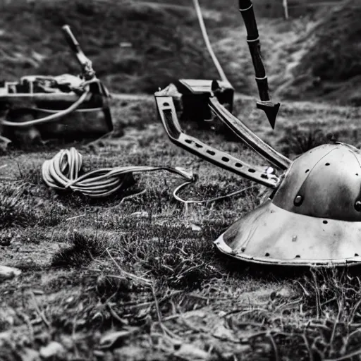 Image similar to wide angle photo of viking wearing space suit helmet and viking armor working on the antigravity gun ancient device, tools and junk on the ground,wires and lights, old village in the distance, vintage old photo, black and white, sepia