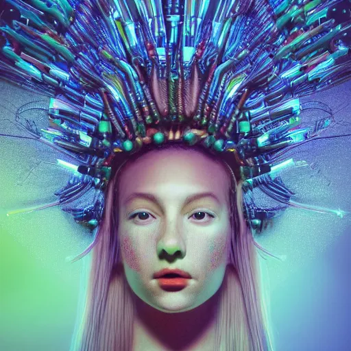 Prompt: tapping in to something greater, piles of modular synth cables, goddess portrait wearing a big headpiece in a mystical glowing forest in the style of wlop, stanley kubrick, masamune, unique perspective, vibrant colors and hard shadows and strong rim light, perfect details, trending on artstation, 3 d render, smooth render, green and blue palette, wlop