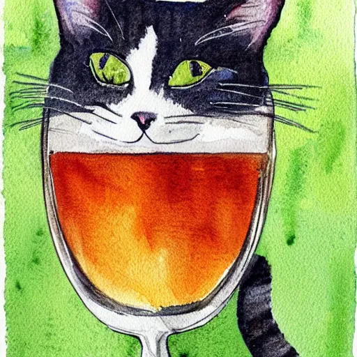 Image similar to a watercolor painting of a cat drinking a beer outside