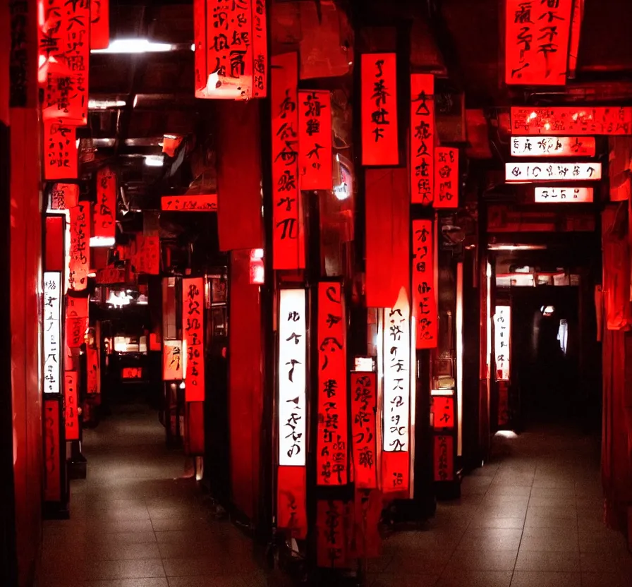 Image similar to spooky photo of a dark infinite hallway of a japanese izakaya with open lit doorways all the way down, dramatic lighting, smoke, ceiling fluorescent lighting, black and red colour palette