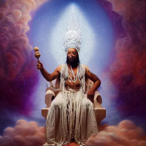 Prompt: obatala the cosmic god sitting on a throne of nebula clouds, by adi granov and Agostino Arrivabene, matte painting, orisha, 8k, hd