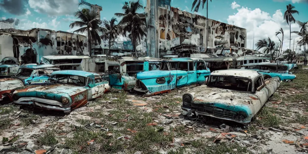 Image similar to wide angle shot of dilapidated fallout 5 miami, tropical coastal city in real life, desolate, dilapidated, some rusted retro futuristic vintage parked vehicles like cars, buses, trucks, trams, sunny weather, few clouds, volumetric lighting, photorealistic, daytime, spring, sharp focus, ultra detailed,