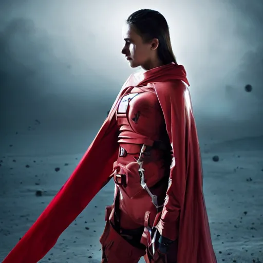 Prompt: a young female soldier wearing blood - spattered glossy sleek white dinged scuffed armor and a long torn red cape, heroic posture, determined expression, elegant, battle weary, no helmet, on the surface of mars, dramatic lighting, cinematic, sci - fi, hyperrealistic, detailed