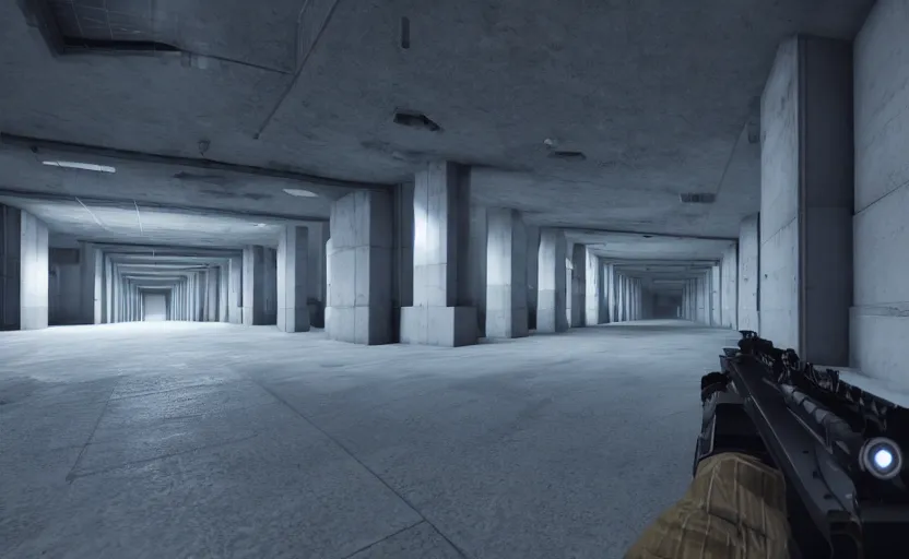 Image similar to in - game screenshot of a first person shooter on unreal engine 5, narrow modern hallways of a secret government facility, photorealistic, liminal, brutalism, minimalism, soft vintage glow