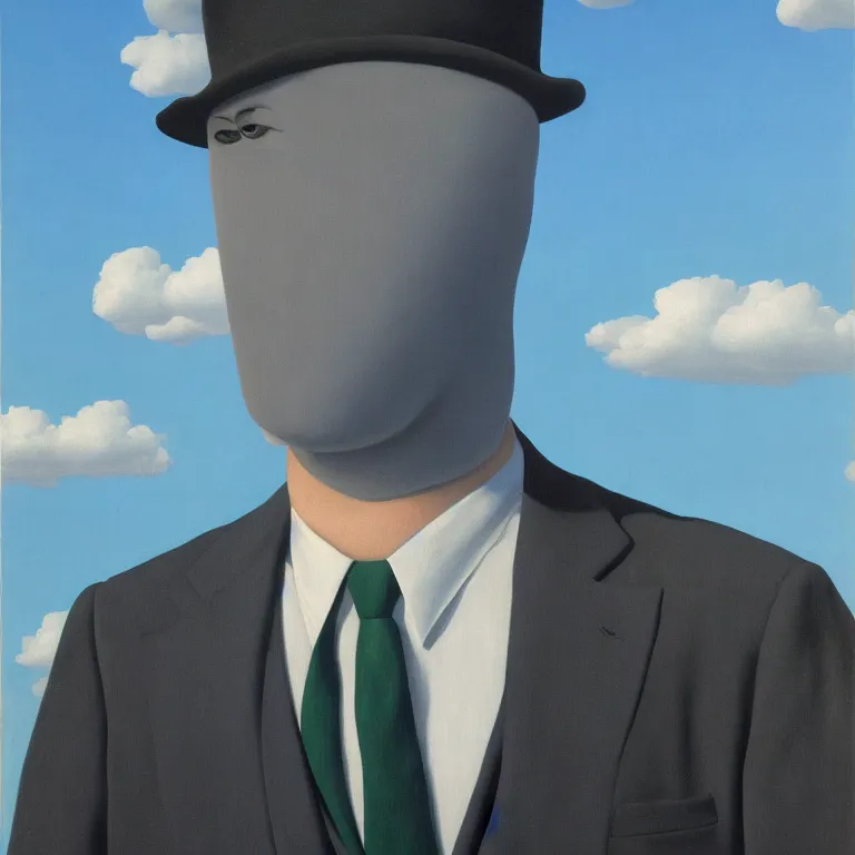 Image similar to portrait of a faceless reflective water - head man in a suit, clouds in the background, by rene magritte, detailed painting, distance, middle centered, hd, hq, high resolution, high detail, 4 k, 8 k