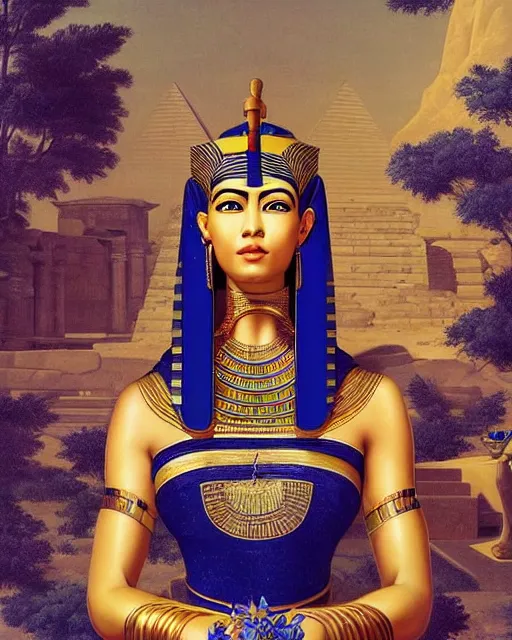 Prompt: a portrait of a beautiful female ancient Egyptian goddess sitting on her throne, surrounded by blue lotus flowers. At her feet lies the god Anubis. By Artgerm, by Raphael, by Caravaggio, by James C. Christensen