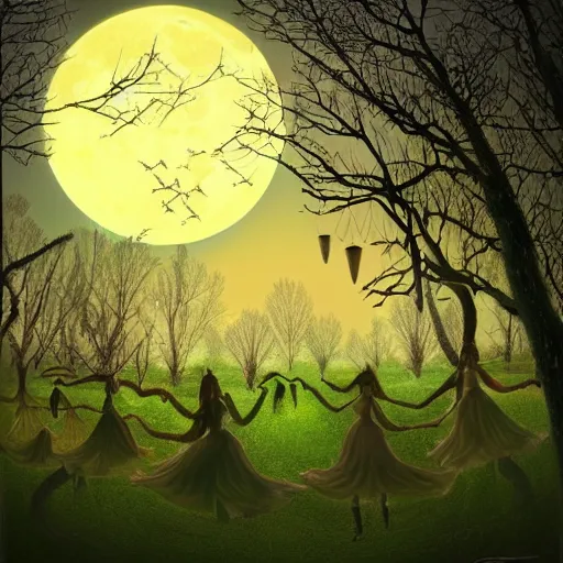 Image similar to a serene forest of faeries, dancing with magical lanterns that illuminate the scenery, beautiful double crescent moon in the night sky