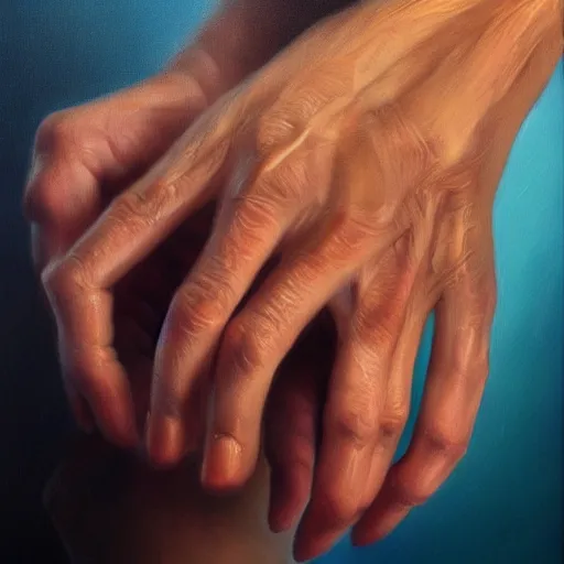 Image similar to hands by annie ralli art, artgem, fullshot, color painting, hyperrealistic, concept art, oil painting, masterpiece, concept art, trending on deviantart, realistic and detailed face, highly detailed, high quality, 8 k, soft lighting, fancy colors, fantasy, cinematic, high coherence