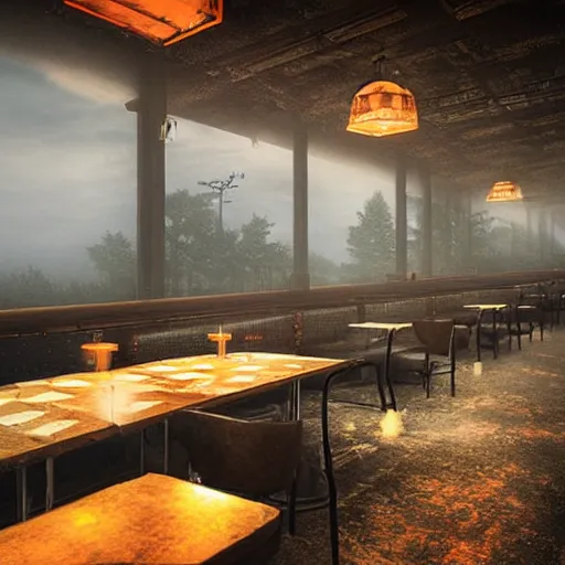 Prompt: highway restaurant with rustic architecture. cyberpunk style. apocalyptic style. photo. photorealistic. nebulous. fog.