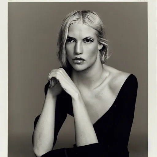 Prompt: photograph by richard avedon of olive skinned blonde female in her thirties wearing designer clothes