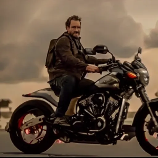 Image similar to VFX movie of Mark Zuckerbeg plays Terminator, rides a Harley motorobike, action scene be Emmanuel Lubezki