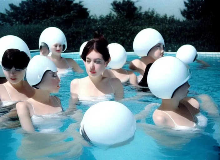 Prompt: realistic photo of a group of common girls in white tights, wearing white spherical helmets, in a big white plastic sci - fi egg - like pool with black water, in a center of the pool with black oil water, the sky is grey 2 0 0 0, life magazine photo,