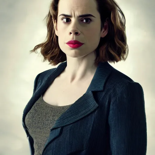 Image similar to a beautiful full body photograph of hayley atwell as the doctor from doctor who, symmetrical face, extreme realism and detail, 8 k, completely framed, direct lighting, 3 5 mm photo, photorealistic, sharp focus
