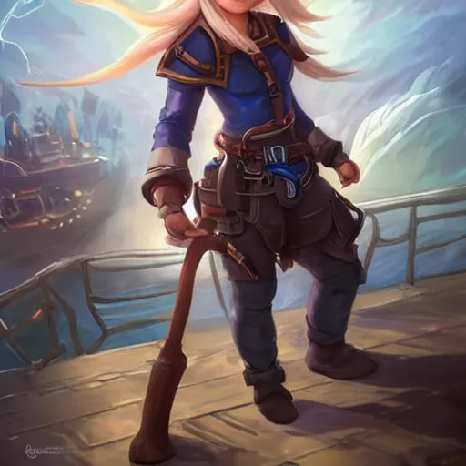 Image similar to female gnome engineer with pixie undercut hair, blasting lightning from metal gauntlet covering her arm, standing on a ship deck, full body portrait, lightning fantasy magic, naval background, D&D, piercing stare, highly detailed, digital painting, HD, ArtStation, great composition, concept art, matte, sharp focus, illustration, art by artgerm and Greg Rutkowski