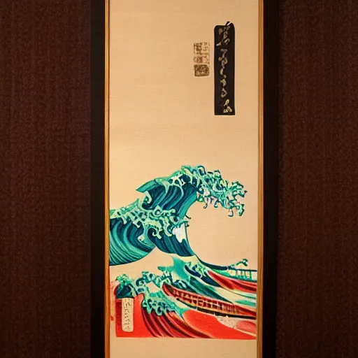 Image similar to donald tusk on Japanese wood painting big wave style ultra details art