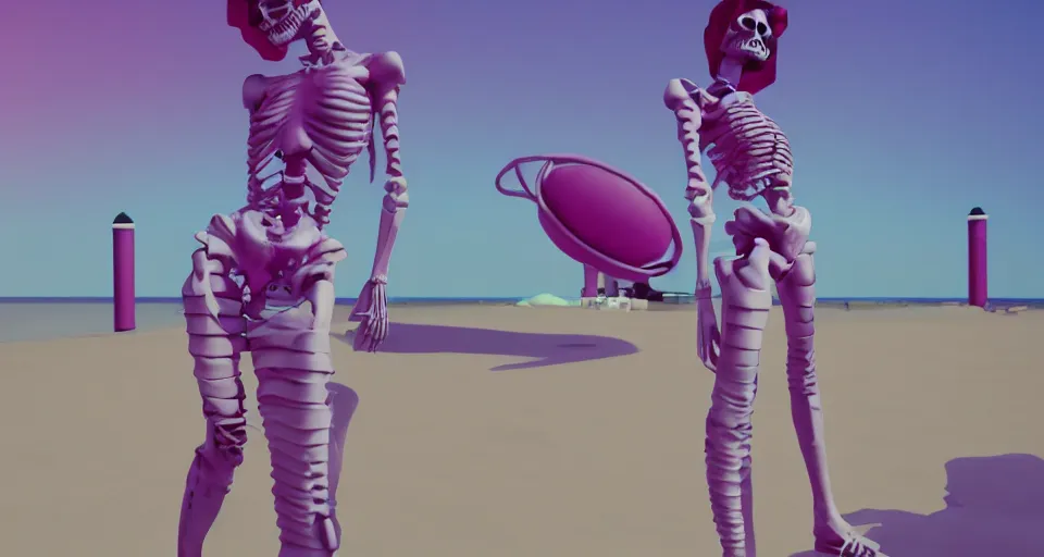 Image similar to fullbody vaporwave art of a fashionable skeleton girl at a beach, early 90s cg, 3d render, 80s outrun, low poly, from Hotline Miami