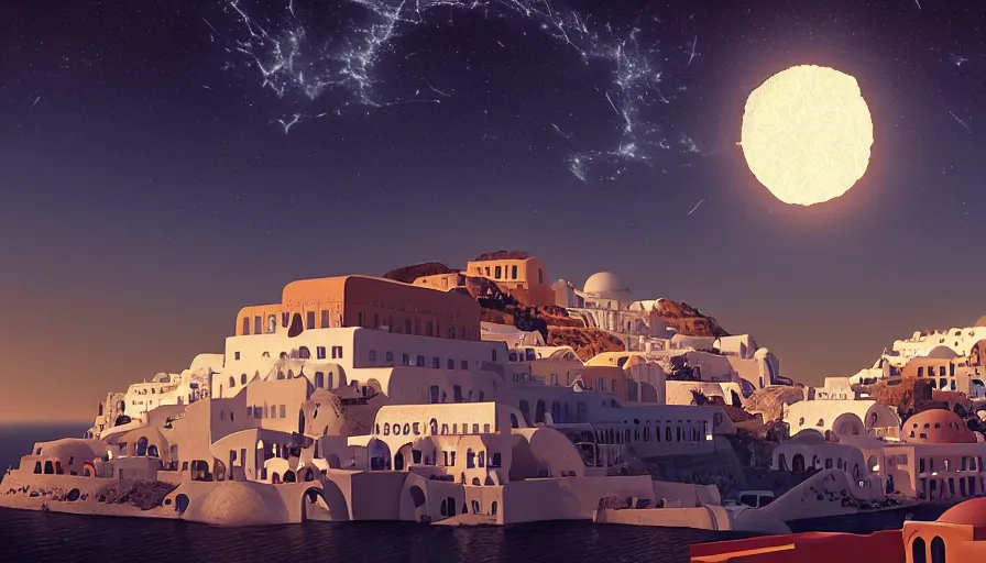 Image similar to 🌟🌜🎆, Art Deco, in SANTORINI island, starry night, Trending artstation, octane render, cgsociety, surrealist, cinematic, shadow of the tomb rider