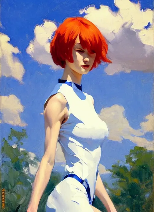 Image similar to Greg Manchess painting of Rei Ayanami in Jumpsuit out with the dogs, countryside, fantasy character portrait, dynamic pose, above view, sunny day, thunder clouds in the sky, artwork by Jeremy Lipkin and Giuseppe Dangelico Pino and Michael Garmash and Rob Rey, very coherent asymmetrical artwork, sharp edges, perfect face, simple form, wacky, 100mm